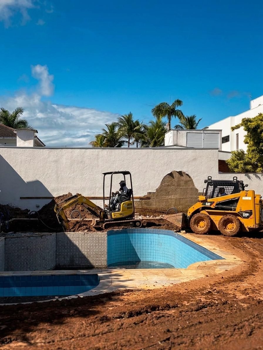 Obra residencial em execução — terraplenagem e estrutura
